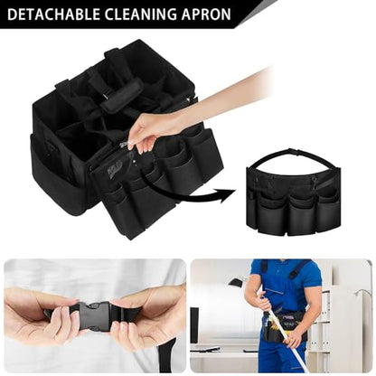 Large Cleaning Caddy Tote with Removable Divider, Heavy-Duty Wearable Apron Organizer with Pockets for Housekeeping, Cleaning Supplies, Tools (Black) - color: Black