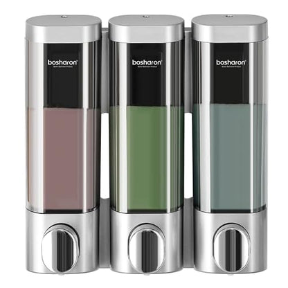 3 in 1 Wall Mounted Shower Dispenser, 3 x 10 oz Shampoo Body Wash Conditioner Pump Dispenser, No Drill for Bathroom & Kitchen - color: Silver