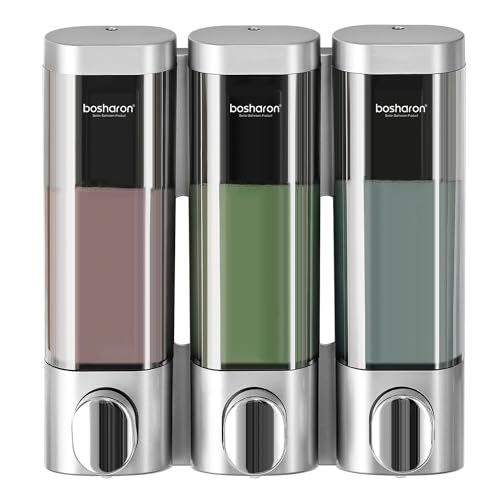 3 in 1 Wall Mounted Shower Dispenser, 3 x 10 oz Shampoo Body Wash Conditioner Pump Dispenser, No Drill for Bathroom & Kitchen - color: Silver
