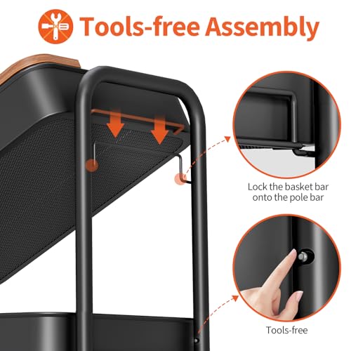 TOOLF 3-Tier Rolling Cart with Table Top, Metal Storage Cart on Wheels, Utility Organizer with Wooden Tray, Lockable Casters, Easy Assembly for Bathroom, Living Room, Office, Kitchen, Black - color: Black