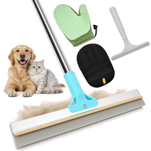 4 in 1 Carpet Rake for Pet Hair Removal - Reusable Pet Hair Removal Glove for Dog Cat Fur Remover, Contain 23-54" Rubber Broom, Silicone Comb Gloves, Magic Brush and Small Scraper for Sofa, Rugs, Mats