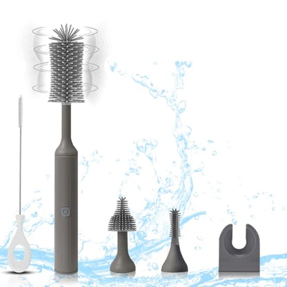 Electric Baby Bottle Brush Set with Rechargeable Electric Bottle Brush Cleaner and Replaceable Silicone Bottle Brushes and Straw Brush Cleaner, Waterproof Multi-Purpose Cleaning Brush（Grey） - color: Gray