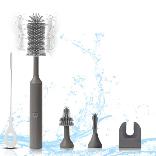 Electric Baby Bottle Brush Set with Rechargeable Electric Bottle Brush Cleaner and Replaceable Silicone Bottle Brushes and Straw Brush Cleaner, Waterproof Multi-Purpose Cleaning Brush（Grey） - color: Gray