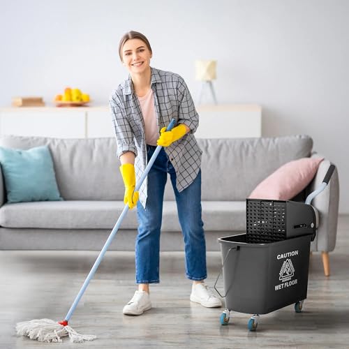 21 Quart Mop Bucket with Wringer on Wheels, Dual Water Cleaning Bucket with Separate Dirty and Clean Water, Rolling Commercial Floor Cleaning System (Black) - color: Black