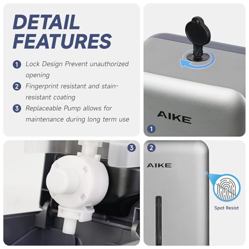 AIKE Wall Mount Liquid Soap Dispenser for Commercial Bathroom 27oz Large Capacity Manual Push Pump Silver - color: Silver
