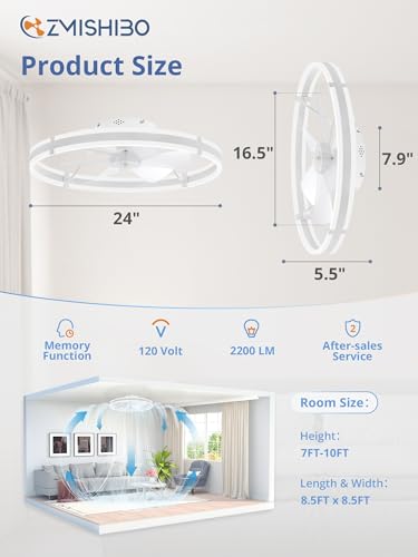 ZMISHIBO 24 Inch Ceiling Fans with Lights and Remote, Modern Low Profile Ceiling Fan, 3000-6000K Dimmable Flush Mount LED Fan Light, 6 Wind Speeds, Fandelier Ceiling Fans for Bedroom- White - color: White, size: 24 INCH