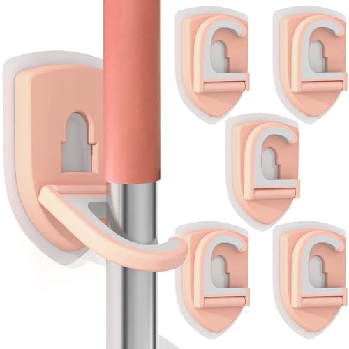 Broom Holder Wall Mount Self Adhesive, Broom and Mop Organizer Wall Hanging, No Drilling Anti-Slip Broom Hook Over Door for Home, Kitchen, Garden, Garage Storage (5-Pack, Coral Pink) - color: Coral Pink, size: 5 Pieces