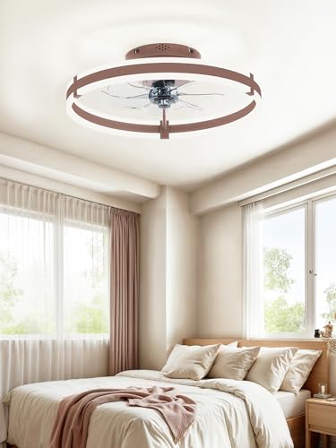 ZMISHIBO Ceiling Fans with Lights and Remote, 19.7'' Low Profile Ceiling Fan, 3000-6000K Dimmable Modern Flush Mount LED Fan Light, 6 Wind Speeds, Brown Fandelier Ceiling Fans for Bedroom - color: Brown, size: 19.7 INCH