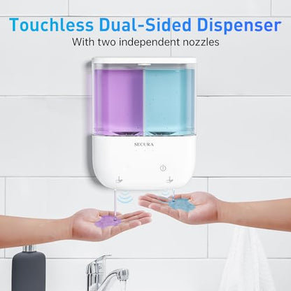 Secura Brands Touchless Wall Mounted Dual Automatic Soap Dispenser – 2 x 17 fl oz. Chambers Rechargeable Liquid Soap Dispenser Prefect for Bathroom & Kitchen (White)