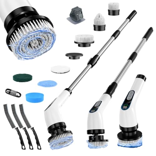 Electric Spin Scrubber Cordless – Powerful Bathroom Cleaning Brush with Long Handle, 2 Speeds, 3000mAh Rechargeable, 7 Brush Heads, Wall Hanger & Crevice Tools – Shower, Tub & Tile Cleaner