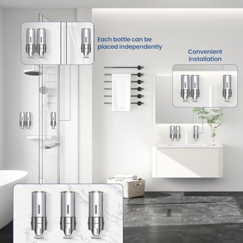 Shampoo and Conditioner Dispenser,Dispensers for The Shower,Shower Soap Dispenser 3 Chamber No Drill,Shampoo Conditioner Body Wash Dispenser Wall Mount for Bathroom(Triple x 17.6 oz,Silver) - color: Silver
