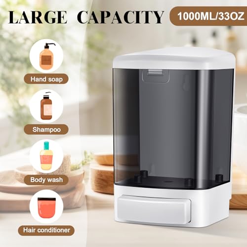 Hushee 2 Pcs Commercial Soap Dispenser Hand Wall Mounted Bathroom 33.8oz/1000ml Manual Soap Dispenser Liquid Containers with Pump Black Shower Plastic Wash Wall Container Shampoo Gel for Kitchen Hotel - color: Black, size: ['33.8 fl oz']