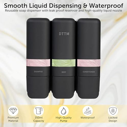Shower Soap Dispenser 3 Chamber No Drill, Wall Mounted Shampoo Conditioner Body Wash Dispenser, Stick-On Installation, Lockable Matte Black, Refillable 250ml x 3 for Bathroom & Hotel