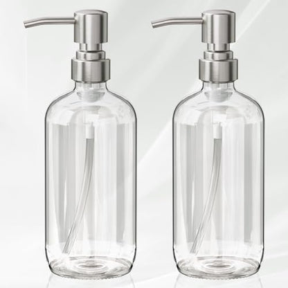 AmazerBath Soap Dispenser, 2 Pack Glass Soap Dispenser with Pump Stainless Steel, 17 Oz Hand Soap Bottles Bathroom Kitchen, Clear - color: Brushed Stainless Steel