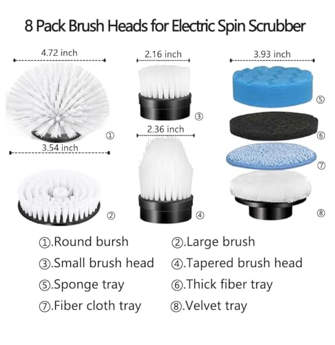 Electric Spin Scrubber Replacement Heads 8 in 1 Cleaning Brush, for Electric Spin Scrubber of ANS-8051A/8050 Power Shower Scrubber,for Household and Heavy Oil Pollution Cleaning Black