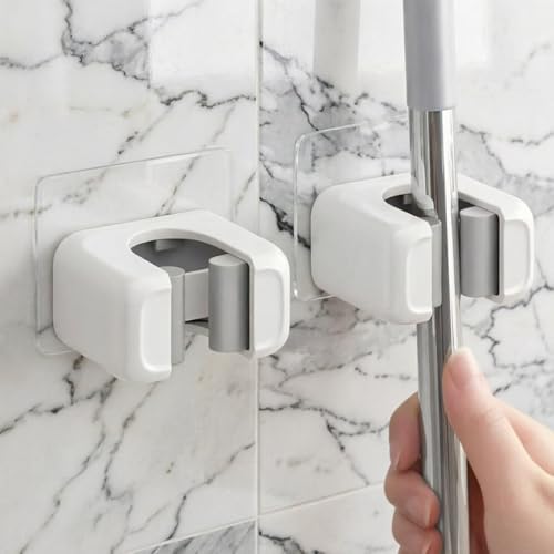 2Pcs Wall Mounted Mop and Broom Holder, No Drilling Self Adhesive Plastic Organizer, Durable White Storage Rack for Kitchen and Bathroom