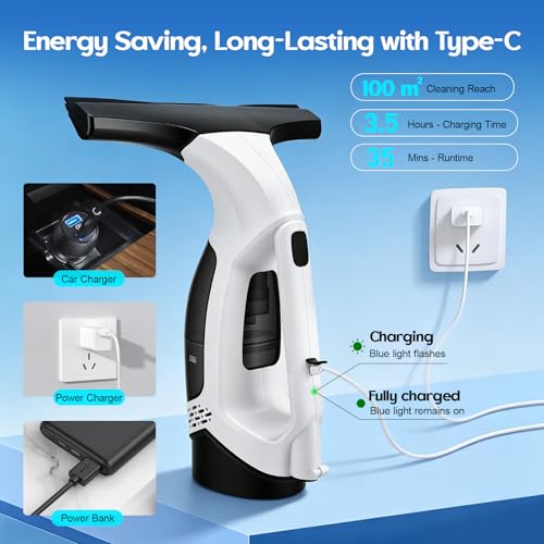 Window Vacuum Squeegee Cordless with Extension Pole 31-40", 2000Pa Window Cleaner Tool with 2200mAh & 150ml Dirty Water Tank, Reusable Cleaning Cloth Head, for Shower Door, High Window &Car Windshield