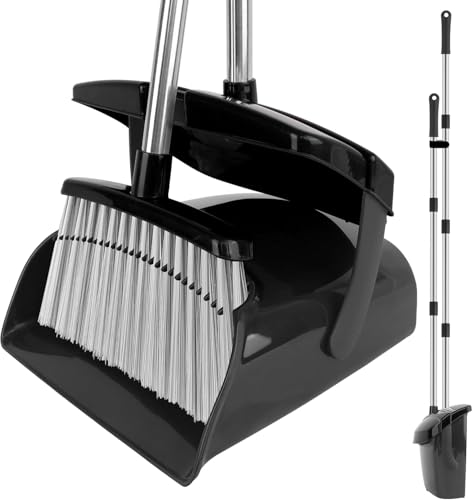 Broom and Dustpan Set, 51" Long Handle Broom with Dustpan Combo Set, Windproof Standing Dust pan with Self-Cleaning Teeth, Household Set Sweep Kitchen Office Lobby Pet Room - color: Black