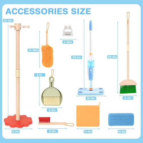 Dreamon Wooden Toddler Cleaning Set - 10Pcs Kids Cleaning Toy Set with Real Working Kids Spray Mop, Montessori Cleaning Toys with Broom and Mop Set for Toddlers Girls Boys Age 3-6 - color: Wooden