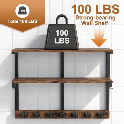 Housolution 2 Tier Broom Holder Wall Mount with Cleaning Supplies Organizer, 100 LBS High Load-Bearing Laundry Room Storage Shelves, Multifunctional Mop Hanger Rack with 7 Grippers & 8 Hooks - size: 7 Grippers with 2 Tier Shelf