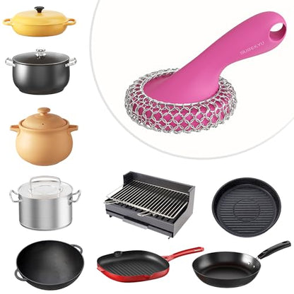 SUBEKYU Cast Iron Scrubber with Silicone Handle, Stainless Steel Skillet Cleaner for Cast Iron Pans (Pink) - color: Pink