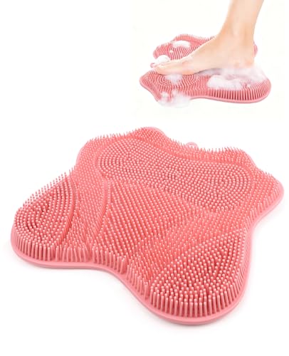 Silicone Foot Scrubber Mat for Shower Bath Foot and Back, Shower Feet Brush Pad with Wall-Mounted Suction Cups (Pink) - color: Pink