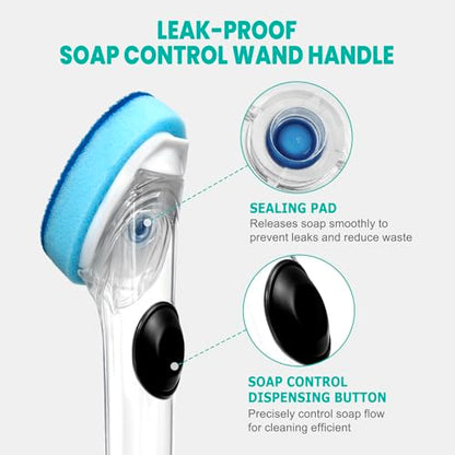 Dish Wand with Handle,Non-Scratch Dishwand Refills Replacement Sponge Heads | Leak-Proof Soap Control Dispenser Scrub Sponges, Advanced Scrubber Brush Pads for Kitchen Cleaning Dishes Sink Washing Tool ﻿ - size: 5Pcs(1Handle+4Refills)