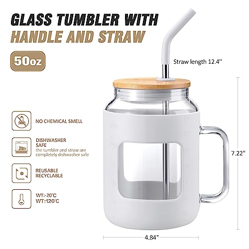 WINSA 50 oz Glass Water Bottles with Silicone Sleeve,Glass Tumbler with Lid and Straw,Iced Coffee Cup with Handle,BPA Free-White - color: White