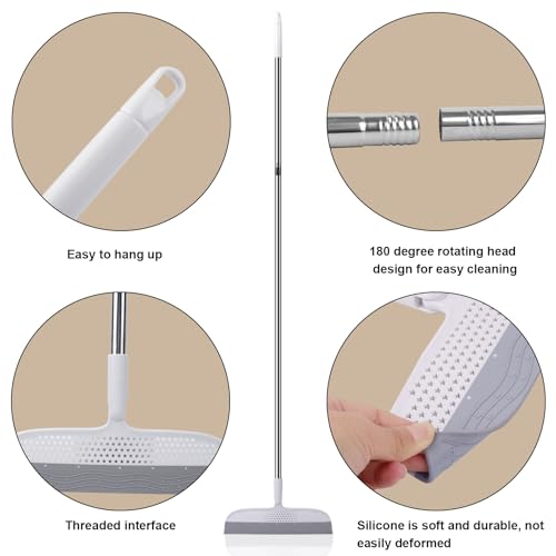 PRATIQUE 53.5-Inch White Rubber Broom Squeegee with 180 Rotating Head, Long Handle Multifunction Scraping Silicone Broom Floor Sweeper, Pet Hair Remover, Window, Mirrors, Tile Cleaning