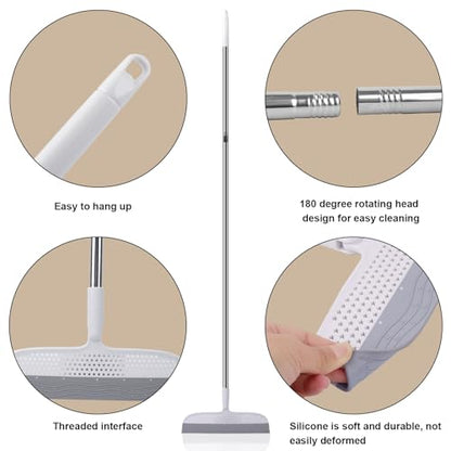 PRATIQUE 53.5-Inch White Rubber Broom Squeegee with 180 Rotating Head, Long Handle Multifunction Scraping Silicone Broom Floor Sweeper, Pet Hair Remover, Window, Mirrors, Tile Cleaning