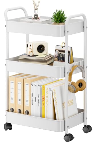 YASONIC 3-Tier Metal Rolling Cart, Sturdy Storage Utility Carts with Wheels, Multifunction Craft Art Organizer for Bedroom, Laundry, Garage, Office, Nursery, Bathroom, Easy Assembly (White) - color: White
