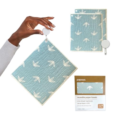 Papaya Reusable Paper Towels, Premium Swedish Dishcloths with Hook, Non-Scratch Reusable Paper Towel, 1 Sheet Replaces 17 Rolls - 2 Sheets, 1 Hook - color: Baby Blues