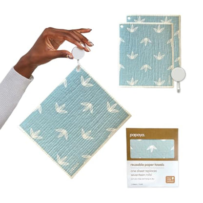 Papaya Reusable Paper Towels, Premium Swedish Dishcloths with Hook, Non-Scratch Reusable Paper Towel, 1 Sheet Replaces 17 Rolls - 2 Sheets, 1 Hook - color: Baby Blues