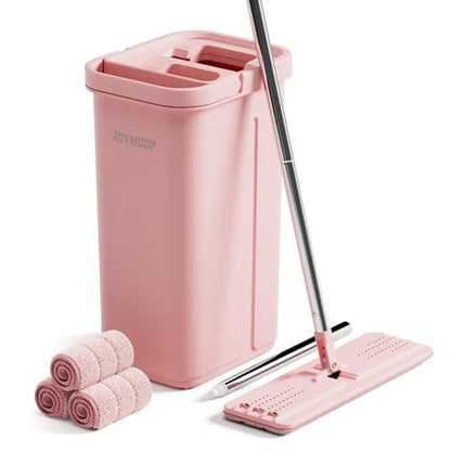JOYMOOP Pink Mop and Bucket with Wringer Set for Home, with 3 Reusable Microfiber Mop Pads, Hands-Free Self-Cleaning System, Suitable for Floor Cleaning and Wall Cleaner - size: Middle Pink Bucket #13 + 60" Flat Mop + 3 Pads
