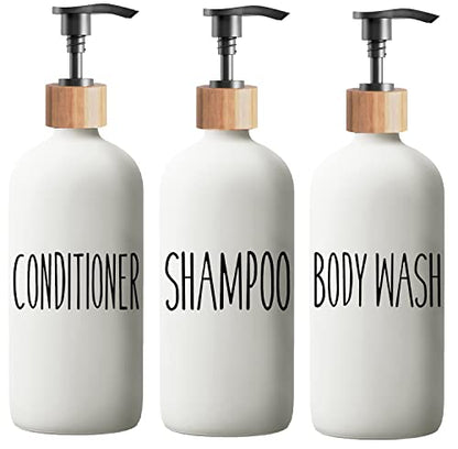 Shampoo and Conditioner Dispenser Set - Easy to Read Labels - Pump Bottle Dispenser for Shampoo, Conditioner, Body Wash - Glass Refillable Containers for Shower - color: White-shower Set Fo 3