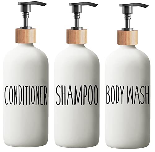 Shampoo and Conditioner Dispenser Set - Easy to Read Labels - Pump Bottle Dispenser for Shampoo, Conditioner, Body Wash - Glass Refillable Containers for Shower - color: White-shower Set Fo 3