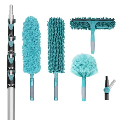 TelesPro 30 Foot High Reach Duster Kit with 6-24FT Extension Pole High Ceiling Dusting and Window Cleaning Kit with Telescopic Pole Window Washer&Squeegee,Cobweb Duster,Fan Duster and Feather Duster - size: 24 FT