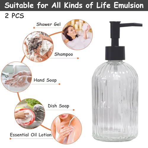 Clear Glass Soap Dispenser with Pump, 2 Pack 13.5oz Bathroom Soap Dispenser with Vertical Stripe for Hand Wash and Dish Wash, Elegant Refillable Hand Dispenser for Dishwashing Liquid, Lotion - color: Clear