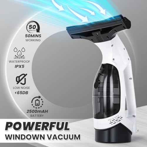 Window Vacuum Squeegee Electric Window Cleaner Window Cleaning Tool with 150ml Dirty Water Tank, Extension Handle for Shower Glass, Window Cleaning Car Windows Tiles Mirrors Glass