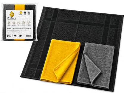 Premium Microfiber Cleaning Cloths, 3-Pack - 1 XL Glass Cleaning Cloth (16”x24”), 2 Waffle Weave Microfiber Cloths (16”x16”), Ultra Absorbent, Lint-Free, Streak-Free & Reusable