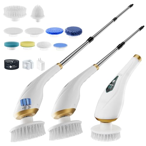 Electric Spin Scrubber Cordless Shower Cleaning Brush with 10 Replaceable Brush Heads, Extendable Handle Up to 59", 2 Speed, Waterproof, 2H Cleaning Time for Bathroom Shower Tile Glass Car
