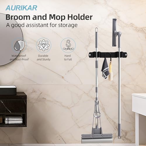Broom Holder Wall Mount, Stainless Steel Mop and Broom Organizer, Broom Hanger with 2 Slots 2 Hooks for Home Kitchen, Garage, Garden and Laundry Room, Black - color: Black-1 Pack
