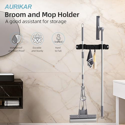 Broom Holder Wall Mount, Stainless Steel Mop and Broom Organizer, Broom Hanger with 2 Slots 2 Hooks for Home Kitchen, Garage, Garden and Laundry Room, Black - color: Black-1 Pack