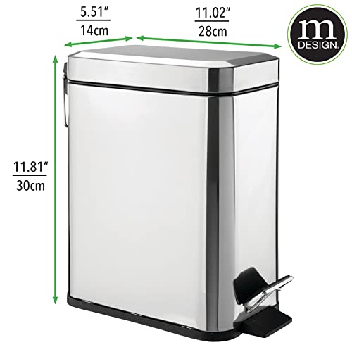 mDesign Small Modern 1.3 Gallon Rectangle Metal Lidded Step Trash Can, Compact Garbage Bin with Removable Liner Bucket and Handle for Bathroom, Kitchen, Craft Room, Office, Garage - Chrome - color: Chrome, size: 1.3 Gallon