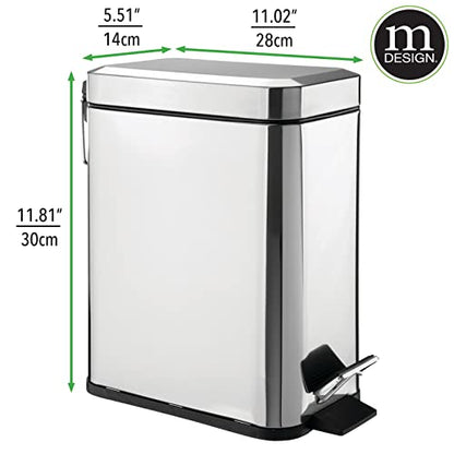 mDesign Small Modern 1.3 Gallon Rectangle Metal Lidded Step Trash Can, Compact Garbage Bin with Removable Liner Bucket and Handle for Bathroom, Kitchen, Craft Room, Office, Garage - Chrome - color: Chrome, size: 1.3 Gallon