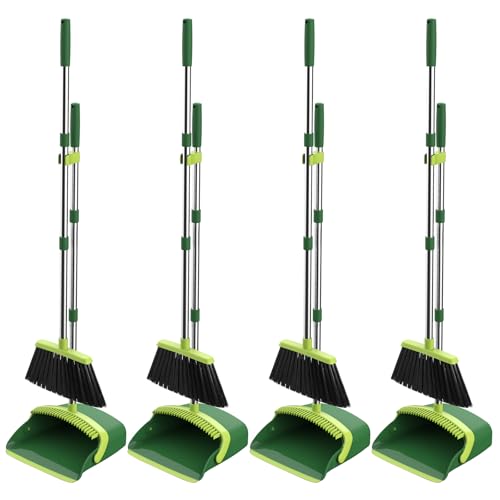 Broom and Dustpan Set, 52-in Long Adjustable Handle Broom Dustpan Combo with Dust pan Teeth to Automatically Clean Hair Suitable for Home Kitchen Office Hall Floor (Green), 4 Pack - color: Green, size: 4 Pack
