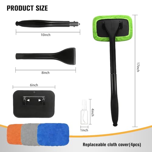 Car Windshield Cleaning Tool, Vehicle Window Wash Brush with 4 Washable and Reusable Microfiber Pads, Extendable Handle Automotive Glass Wiper Cleaning Kit, Universal Fit