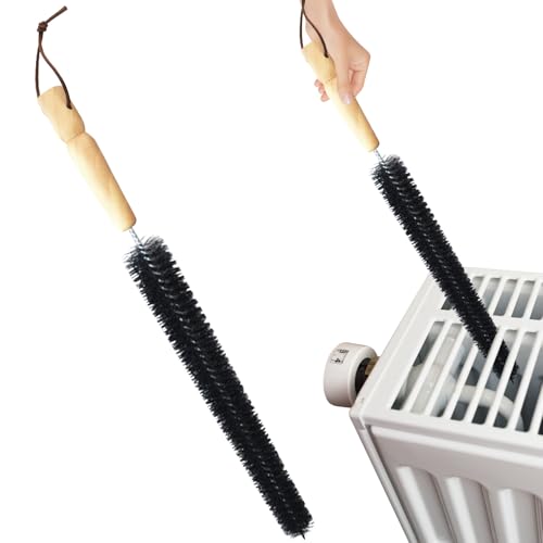 2pcs Radiator Brush, 40cm Long Reach Radiators Duster with Wooden Handle, Flexible Refrigerator Coil Brush Radiators Cleaner with Hanging Hook for Dryer Lint Vent Cleaning
