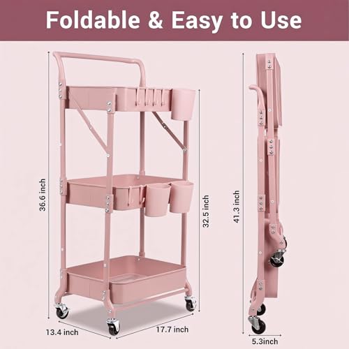 Amatic 3-Tier Folding Rolling Utility Cart with Wheels, Foldable Storage Cart Organizer with 3 Hanging Cups & 6 Hooks for Kitchen, Office, Living Room, Nursery(Pink) - color: Pink