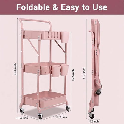 Amatic 3-Tier Folding Rolling Utility Cart with Wheels, Foldable Storage Cart Organizer with 3 Hanging Cups & 6 Hooks for Kitchen, Office, Living Room, Nursery(Pink) - color: Pink